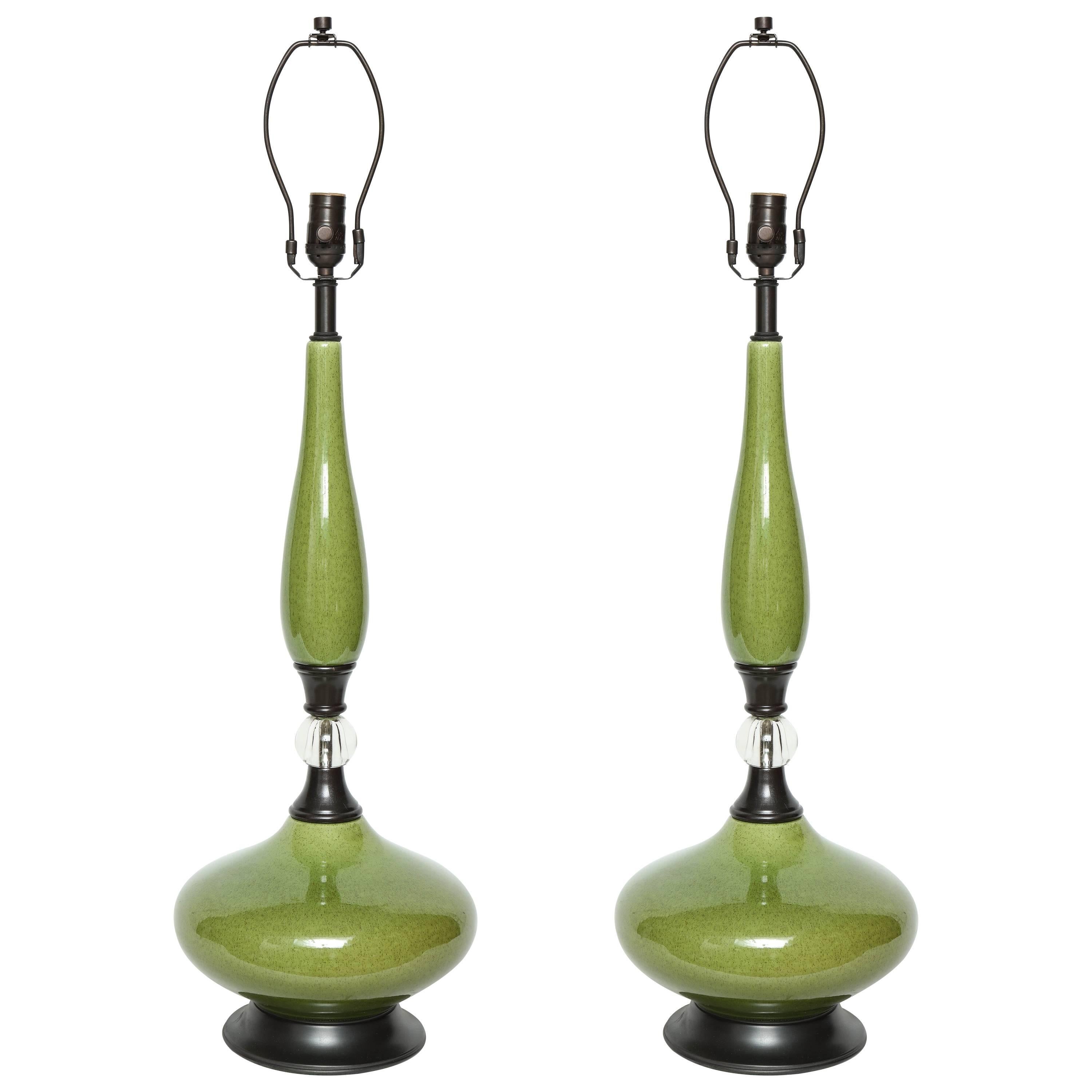 Mid-Century Moss Green Ceramic Lamps