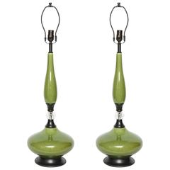 Mid-Century Moss Green Ceramic Lamps 11