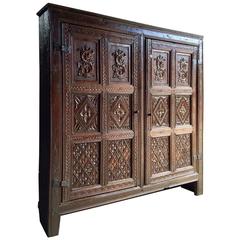Antique Linen Hall Cupboard Heavily Carved Oak, 17th Century, Charles II