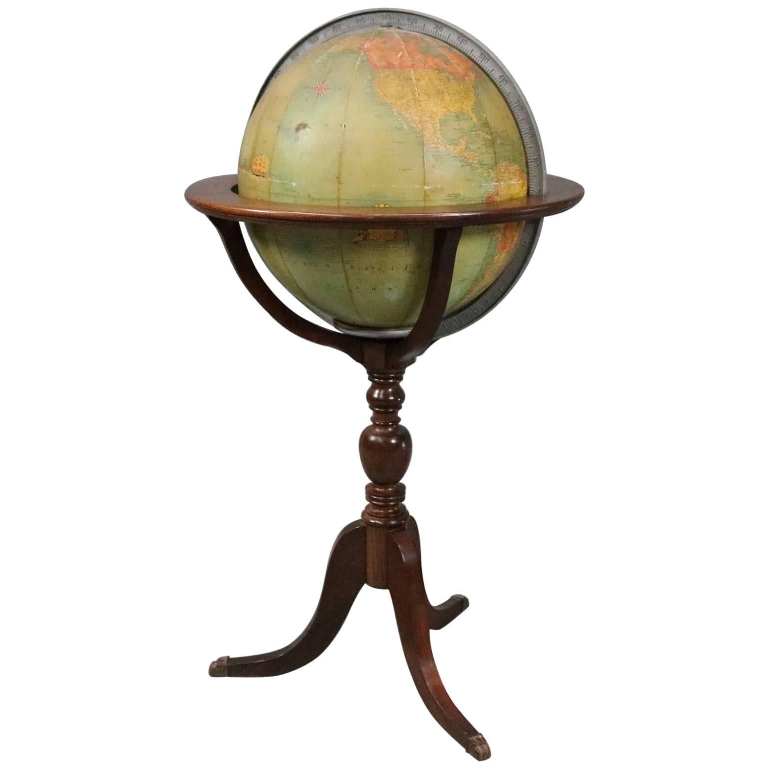 Vintage Illuminated Library World Globe on Floor Stand, circa 1930