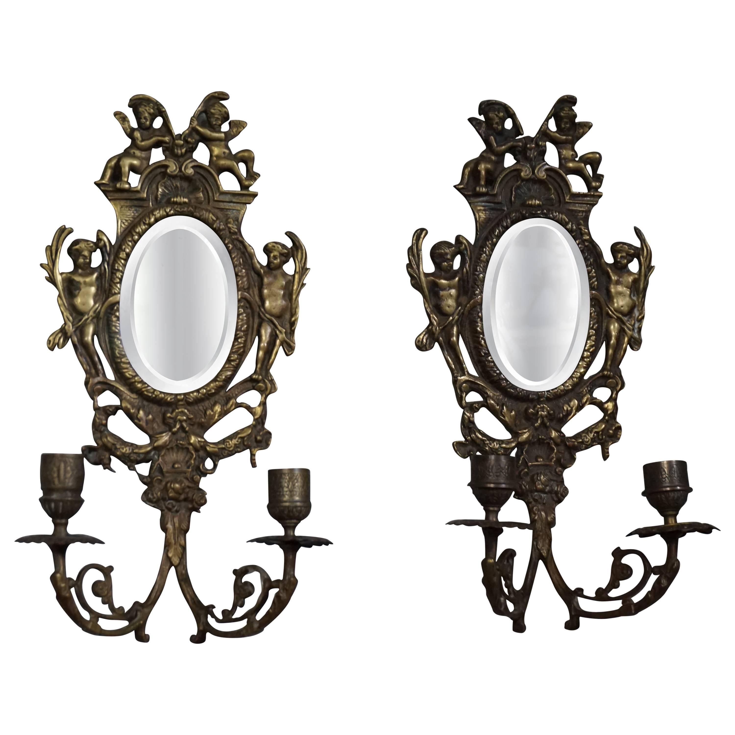 Antique Pair of Cast Bronze Wall Sconces / Candelabras with Oval Beveled Mirrors