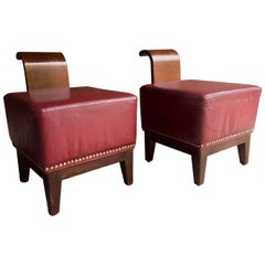 French Art Deco Cocktail Stools Chairs Club Art Deco Leather, 1930, Pair