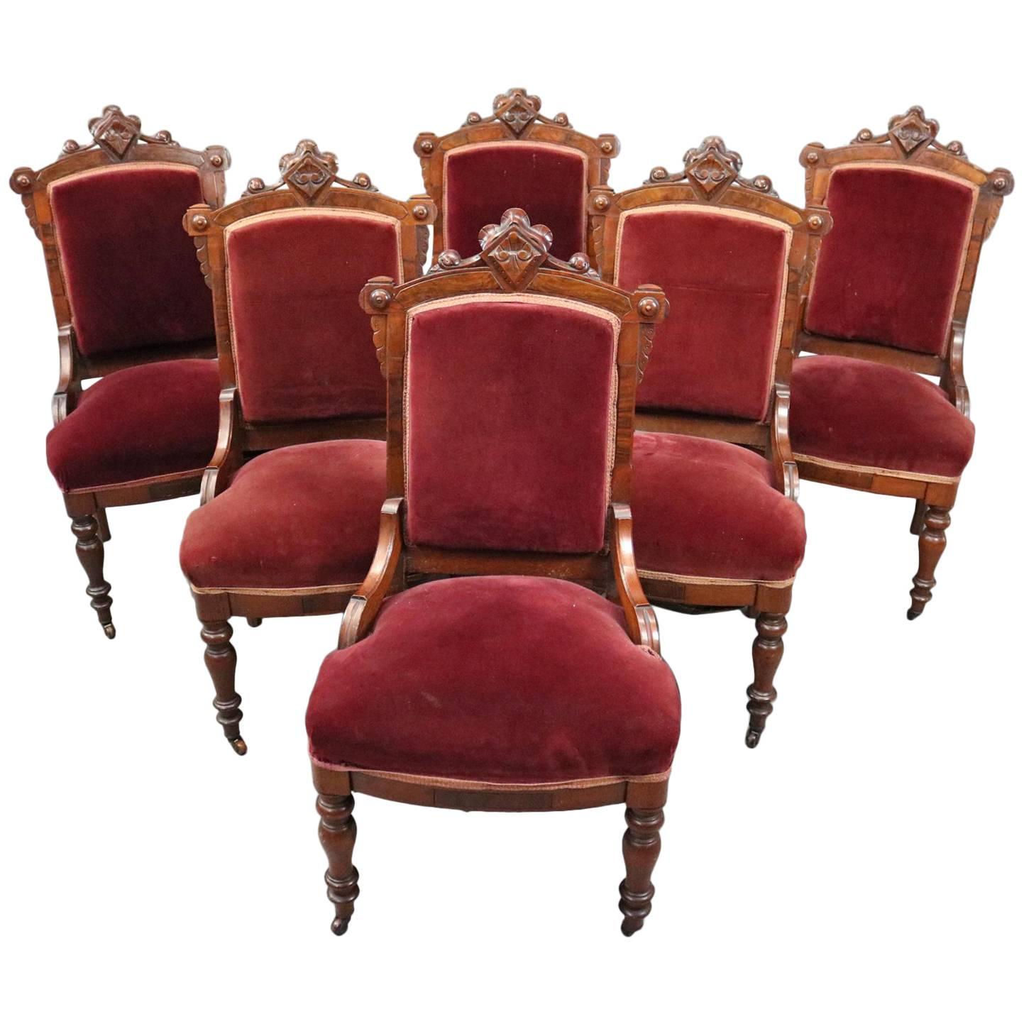 Six Antique Carved Walnut Velvet Upholstered Eastlake Dining Chairs, circa 1890
