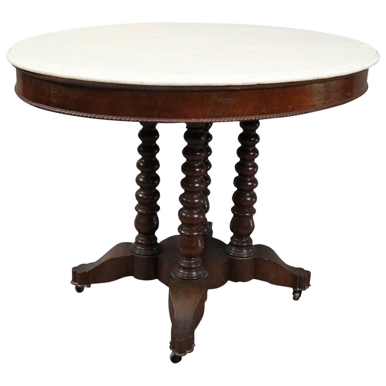 Antique Carved Walnut and Marble Oval Parlor Lamp Table, circa 1880