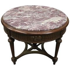 Vintage French Carved Mahogany and Marble Round End Table, circa 1940