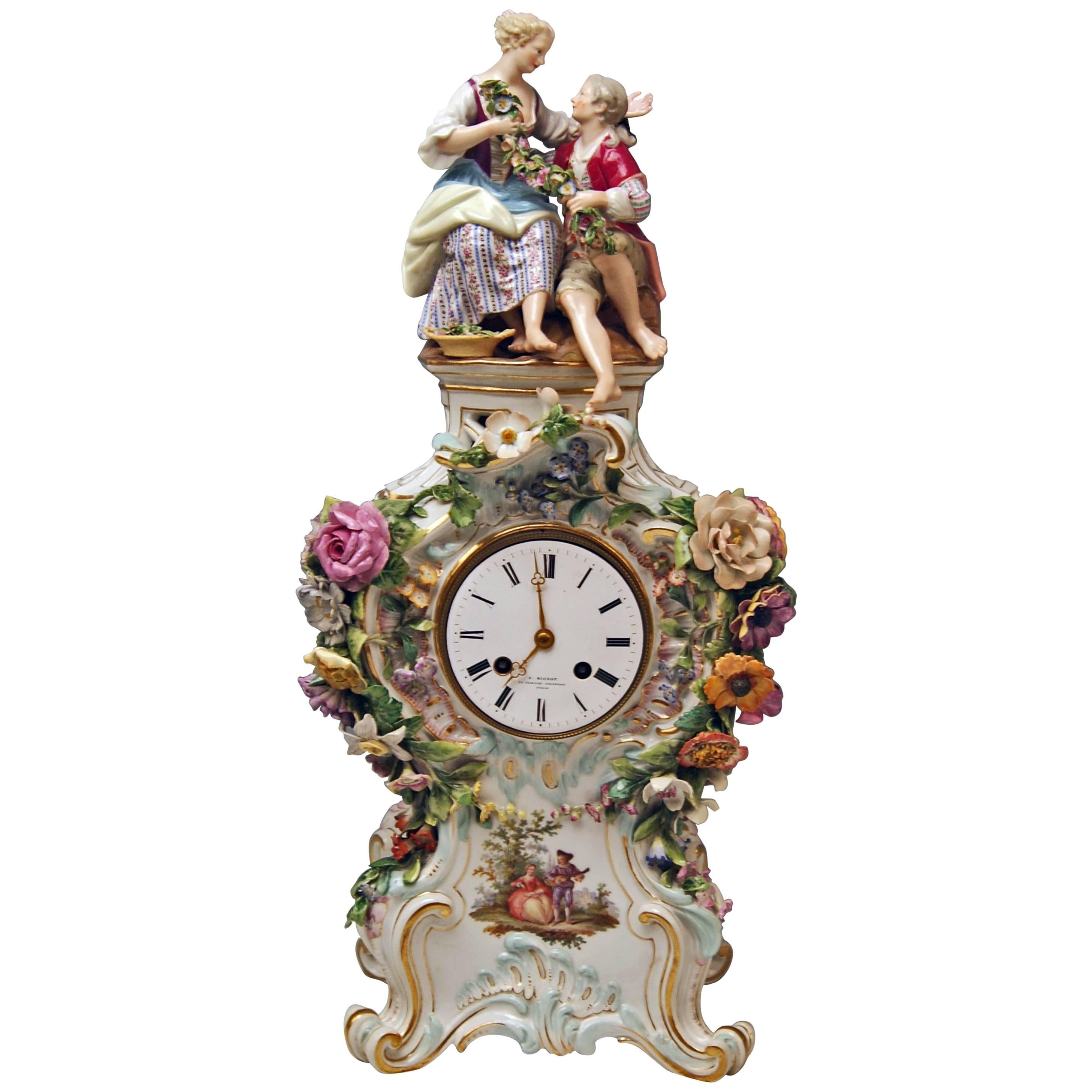Meissen Mantle Table Clock Paintings Sculptured Figurines Flowers, circa 1860