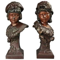 Pair of Antique Art Nouveau Bronzed Metal Sculptures of Children "Siblings"