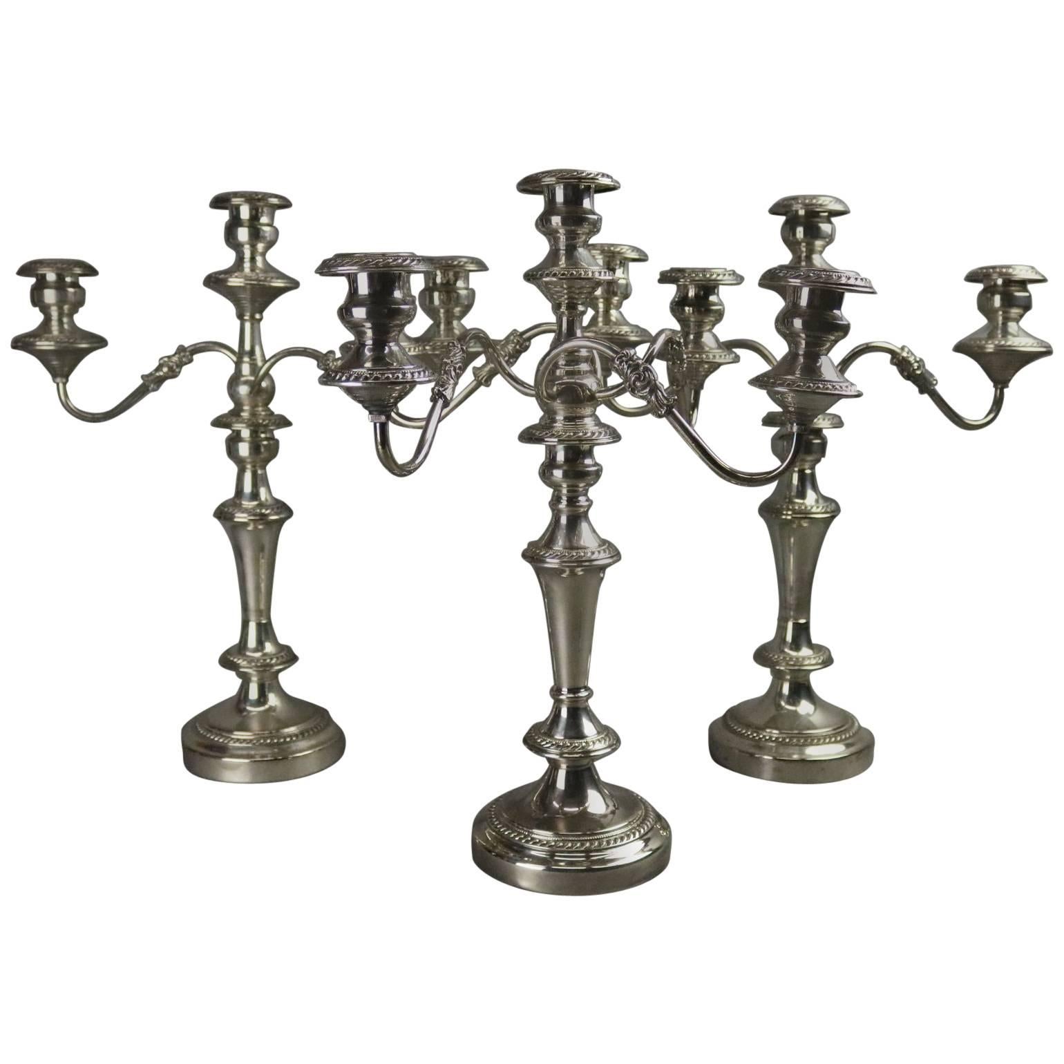 Antique Set of Silver Plate on Copper Three-Light Candelabra, circa 1880