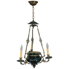 Art Nouveau Bronze and Gilt Cased Glass Three-Light Chandelier, circa 1930 Art Nouveau Bronze and Gilt Cased Glass Three-Light Chandelier, circa 1930
