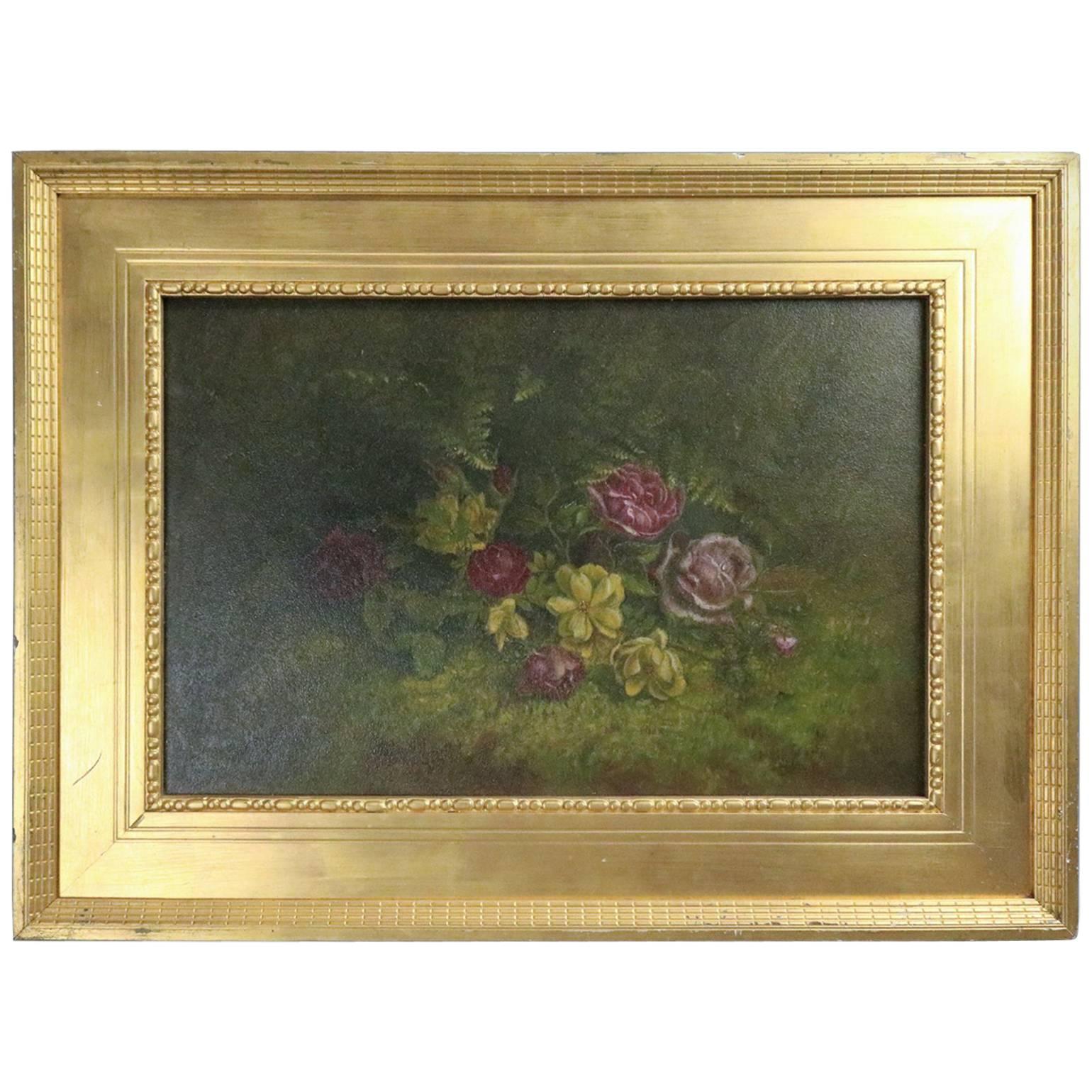 Antique Oil on Board Painting of Wild Roses on Forrest Floor, Gilt Frame