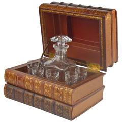 French Book Shaped Liquor Leather Box with Baccarat Glass