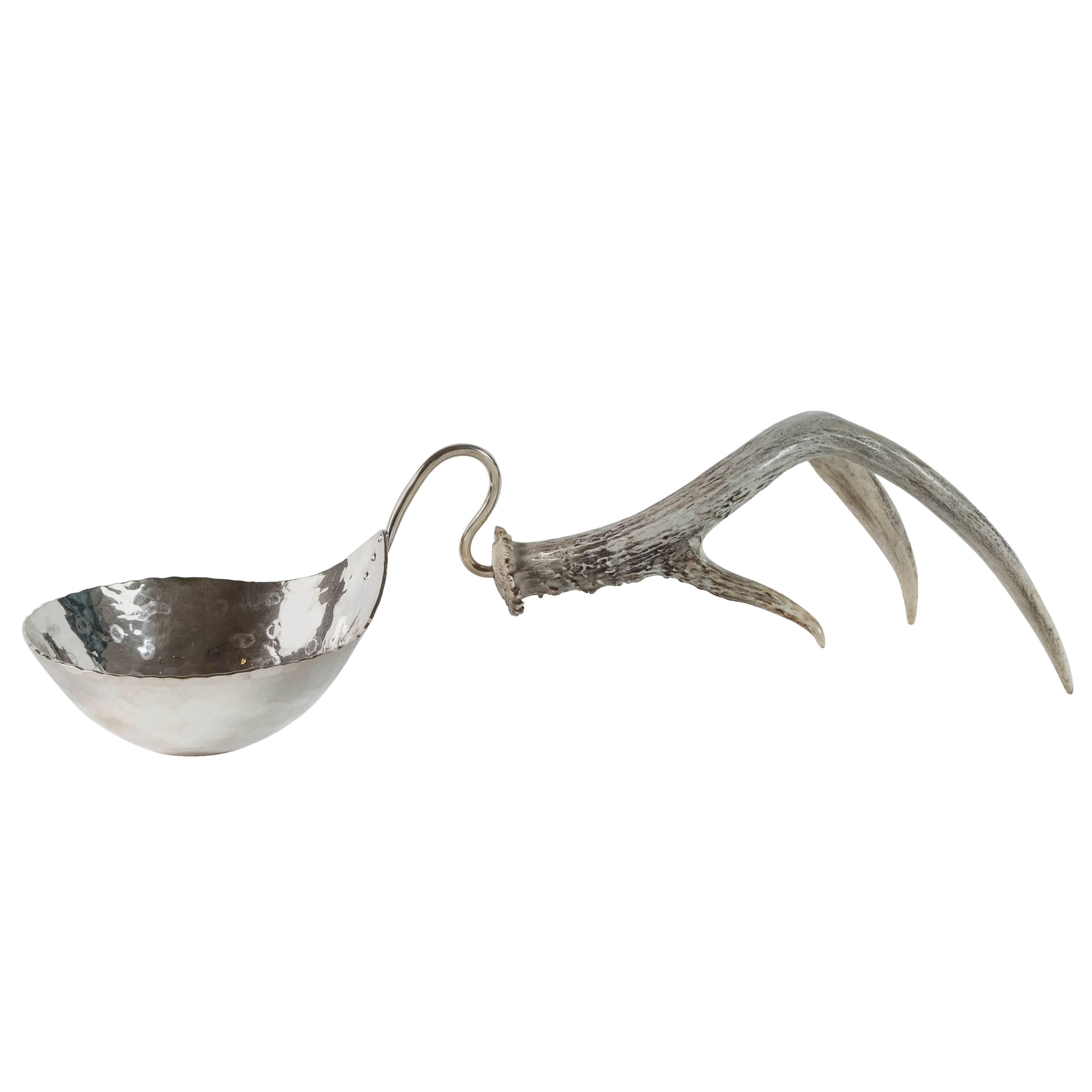 Hammered Silver Nut Bowl with Antler Handle by Ben Caldwell For Sale