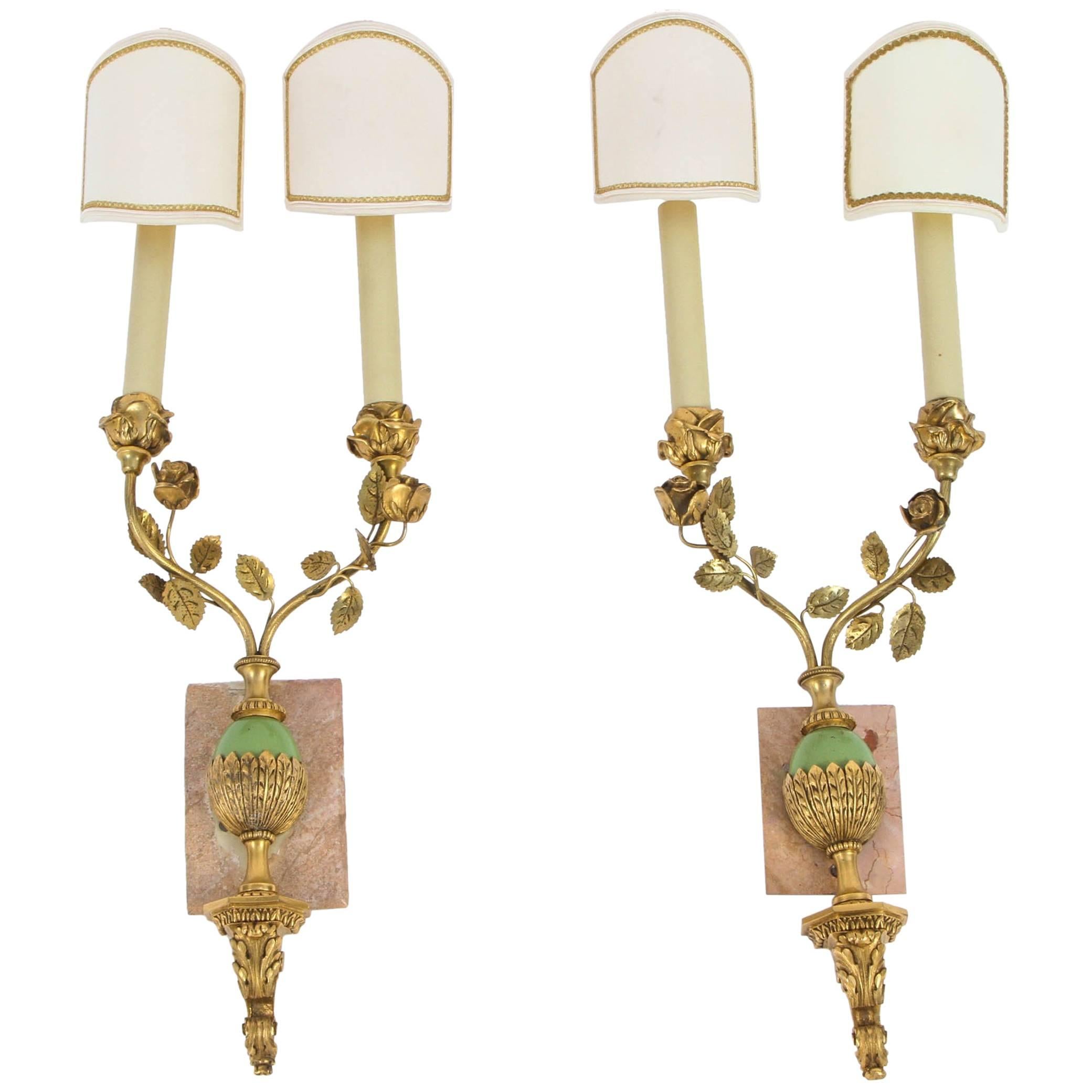 1900s Pair of French Doré Bronze Two-Arm Wall Sconces For Sale