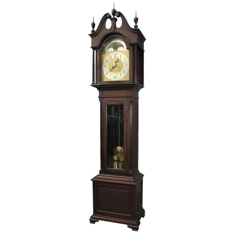 Antique Herschede Cherry Moon Phase Tall Case Grandfather Clock, circa