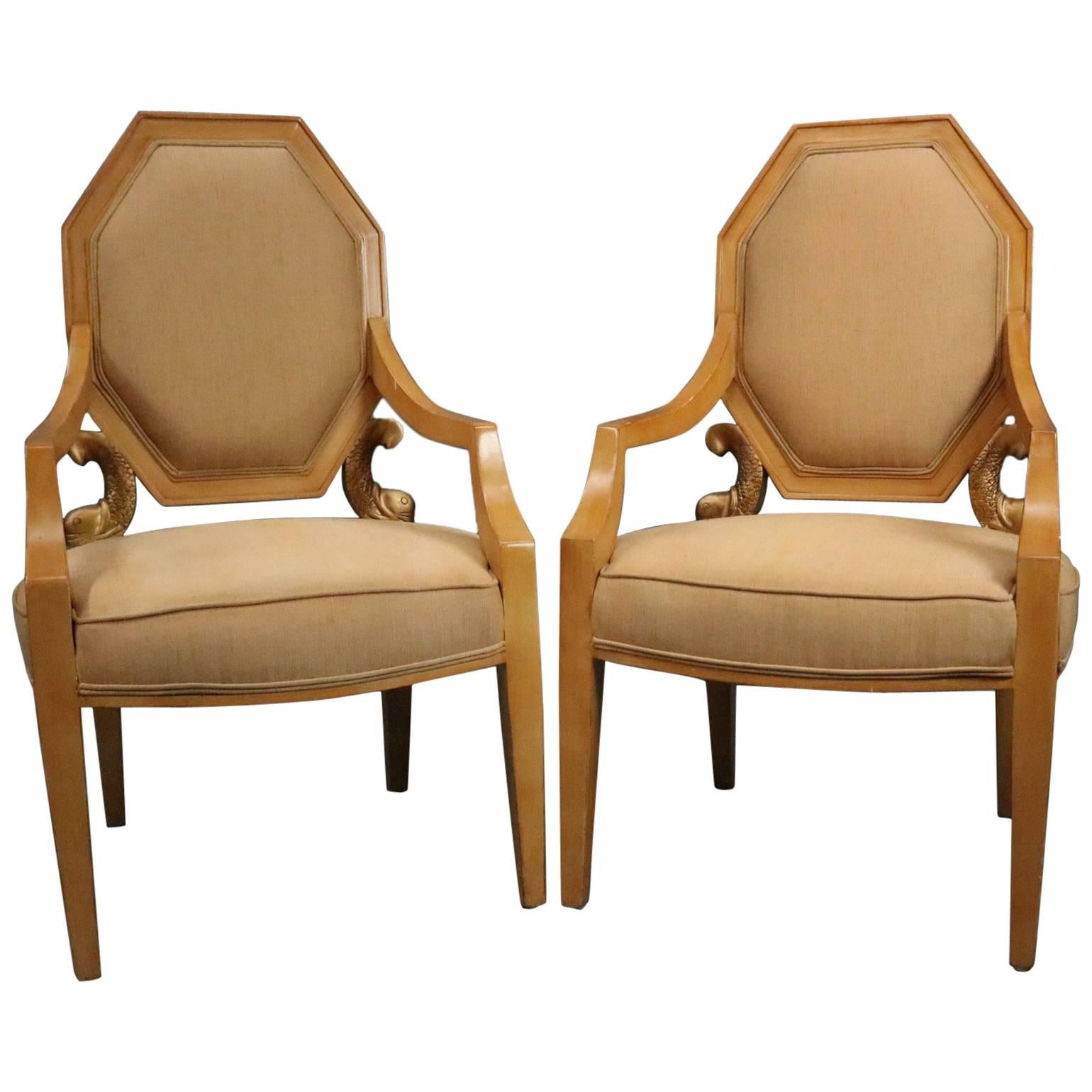 Pair of Vintage Neoclassical Giltwood Figural Upholstered Armchairs