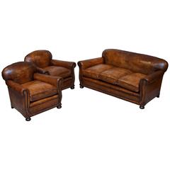 Antique Edwardian Gentleman's Club Three-Piece Suite Pair of Armchairs and Sofa