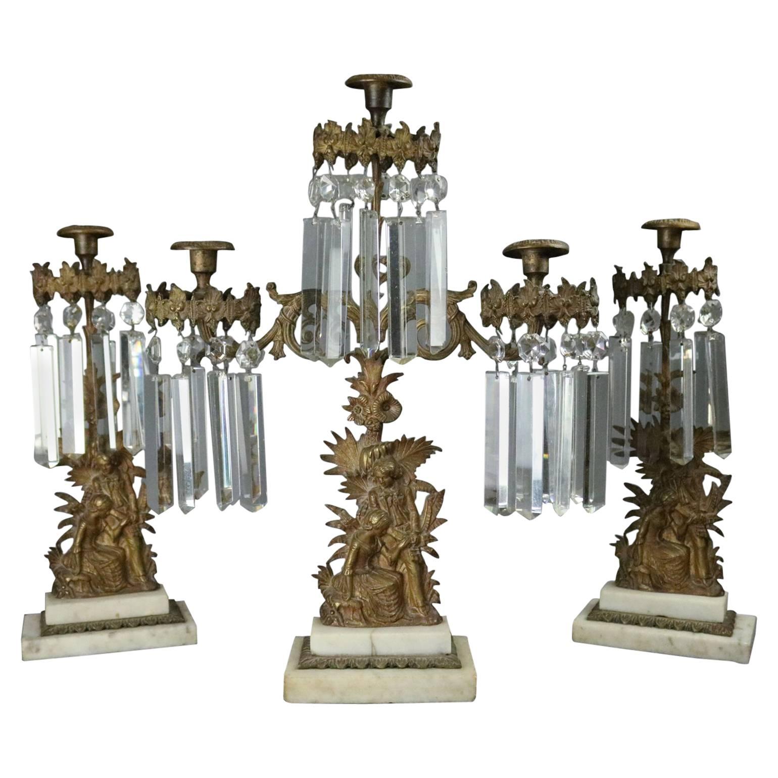 Antique Three-Piece Early Bronze Marble and Crystal Girandole Set Colonial Scene