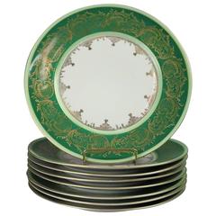 Antique Eight Bavarian Gold Gilt Decorated Emerald Dinner Plates, Germany, circa 1890