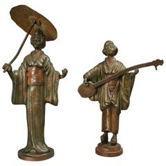 Used Pair of Austrian Cold Painted Bronze Japanese Figures Shamisen and Geisha