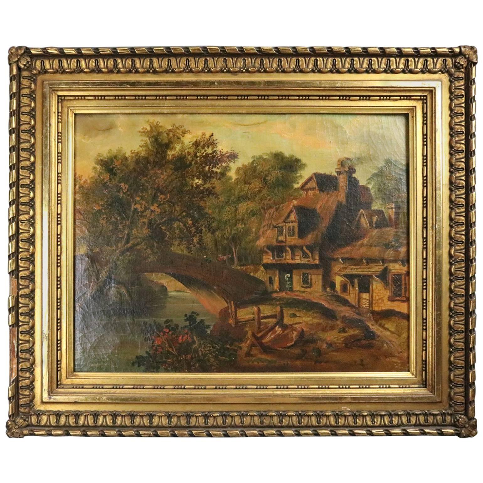 19th Century Antique European School Oil on Canvas Painting, Country Setting
