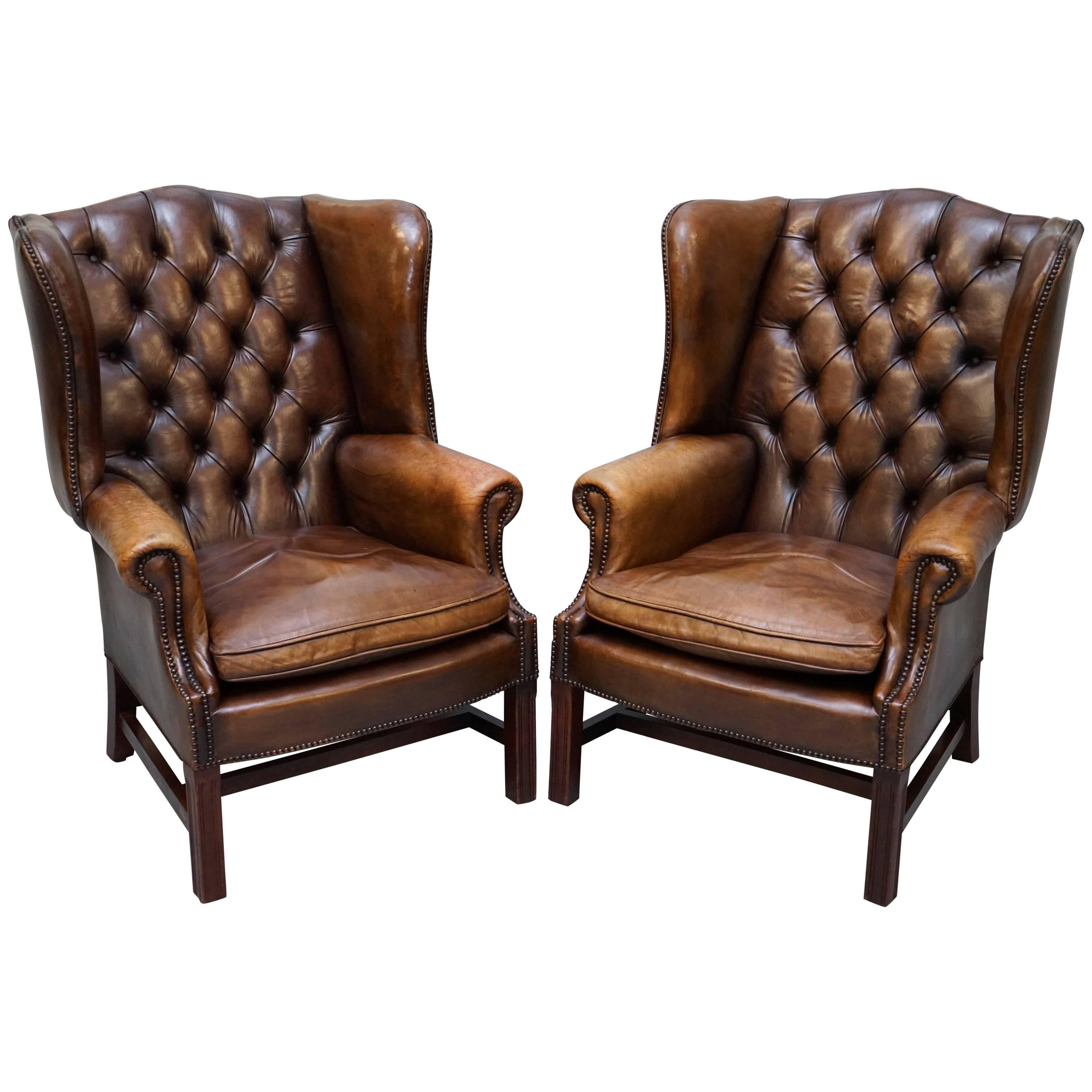 Pair of Hand Dyed Vintage Brown Leather Chesterfield Wingback Club Armchairs