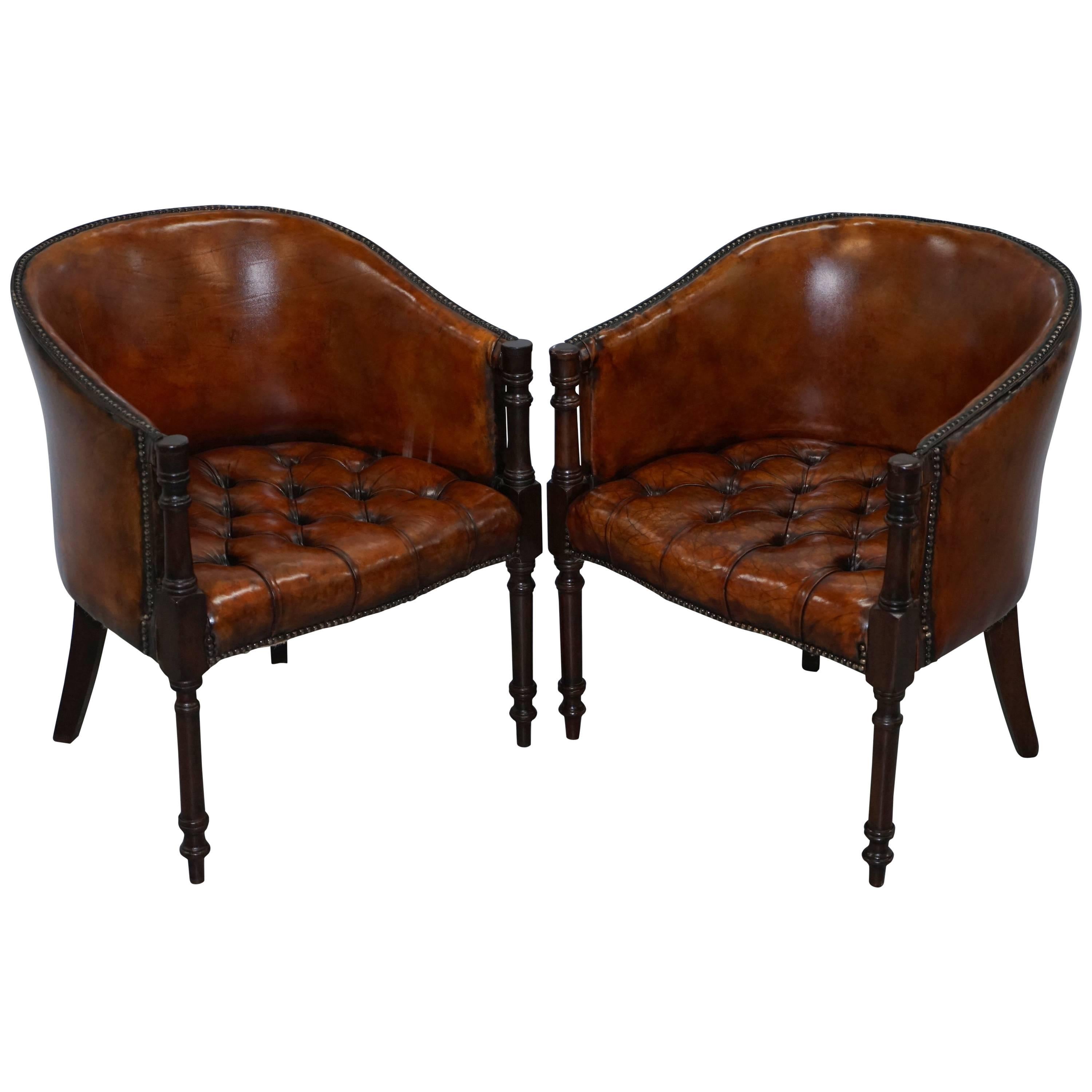 Pair of Regency Style Restored Hand dyed Chesterfield Tub Armchairs, circa 1910