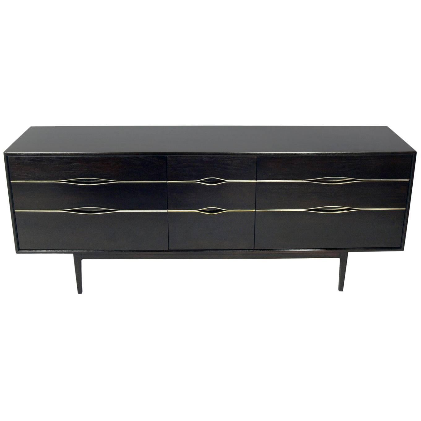 Ultra Dark Brown Mid-Century Chest or Dresser with Brass Trim