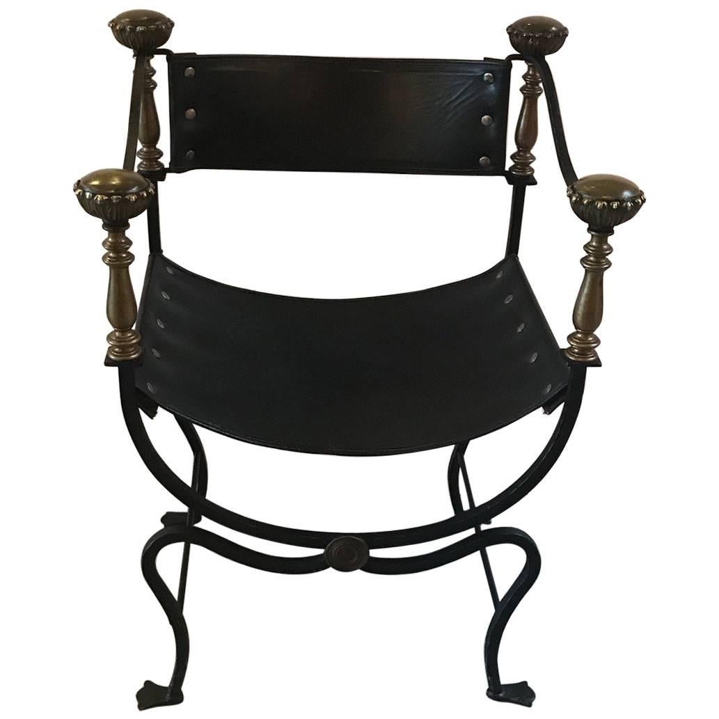 Wrought Iron Leather and Brass Italian Savonarola Chair