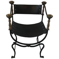 Retro Wrought Iron Leather and Brass Italian Savonarola Chair