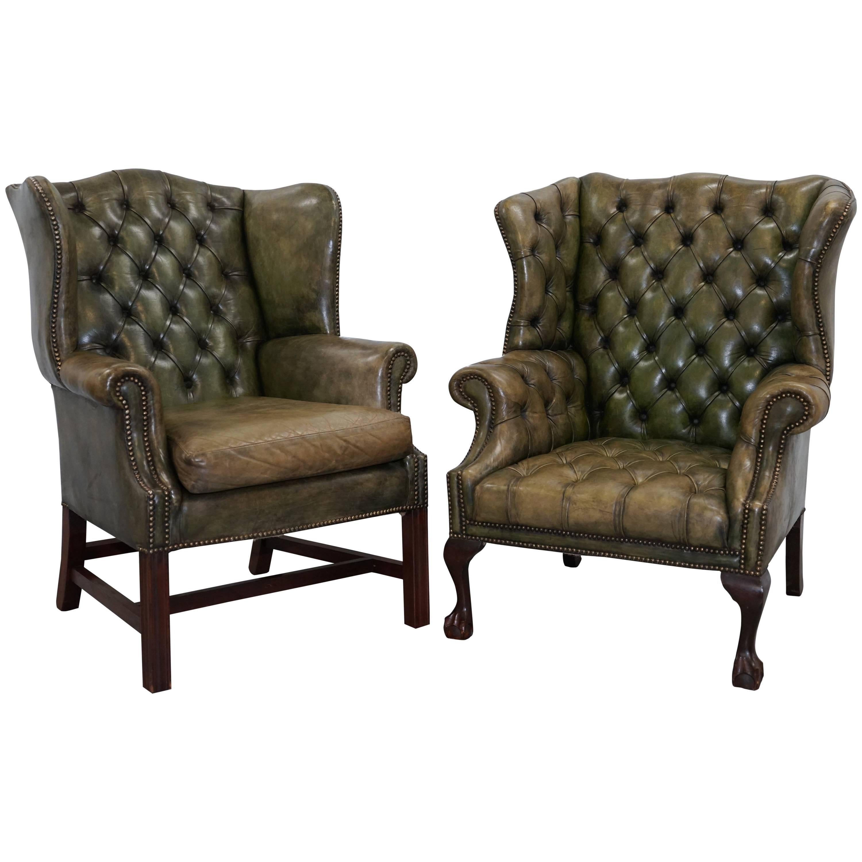 Pair of Original 1960s Chesterfield Hand Dyed Green Leather Wingback Armchairs