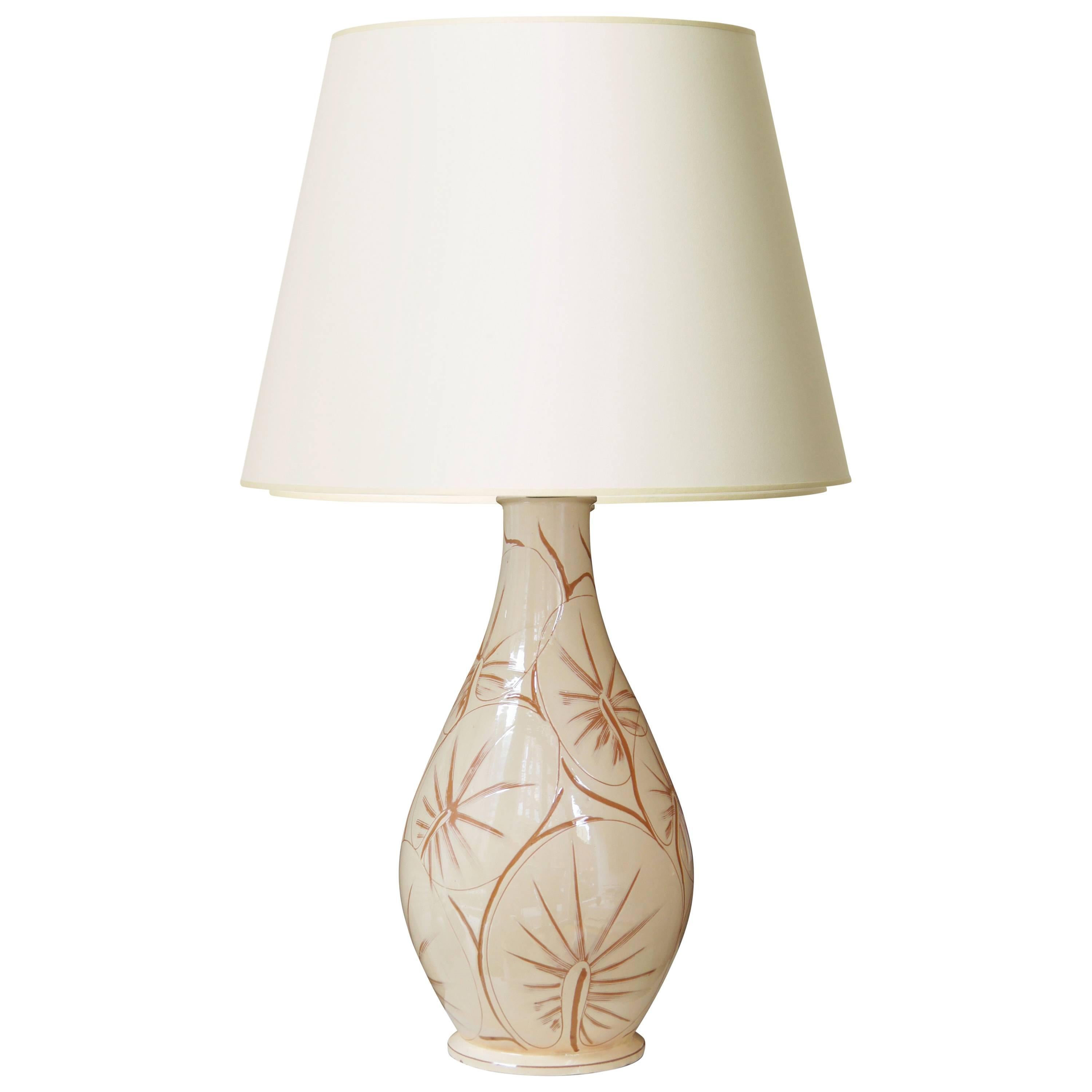 Monumental Table Lamp with Leaf Pattern Sgraffito on Ivory Glaze by Kähler For Sale