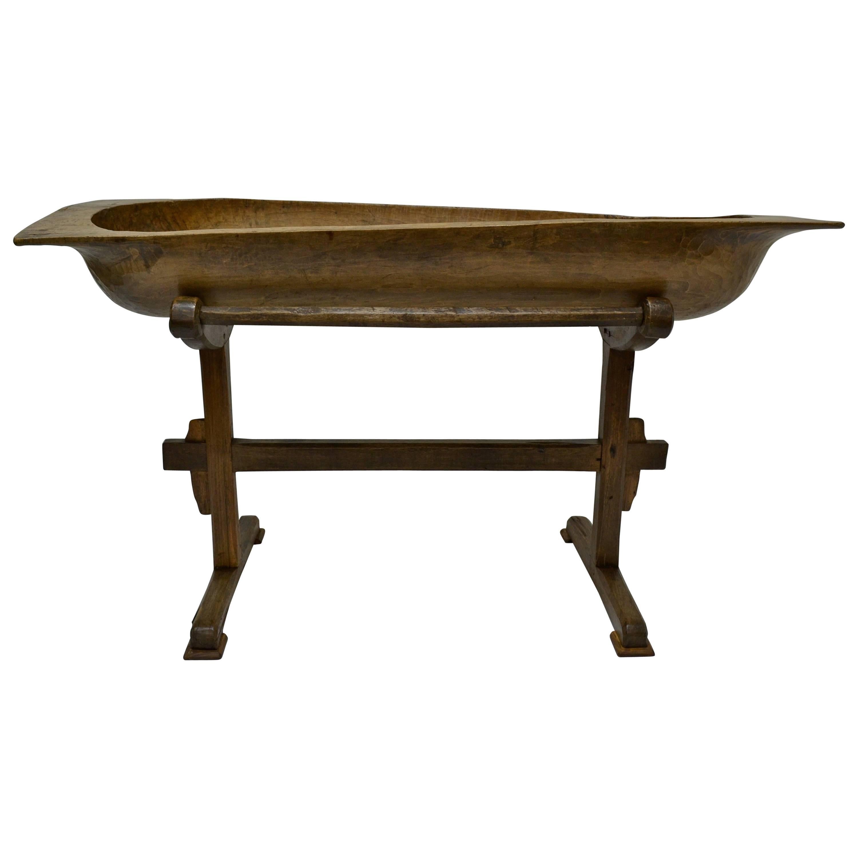 Huge Fruitwood Trog or Dough Bowl on Oak Stand
