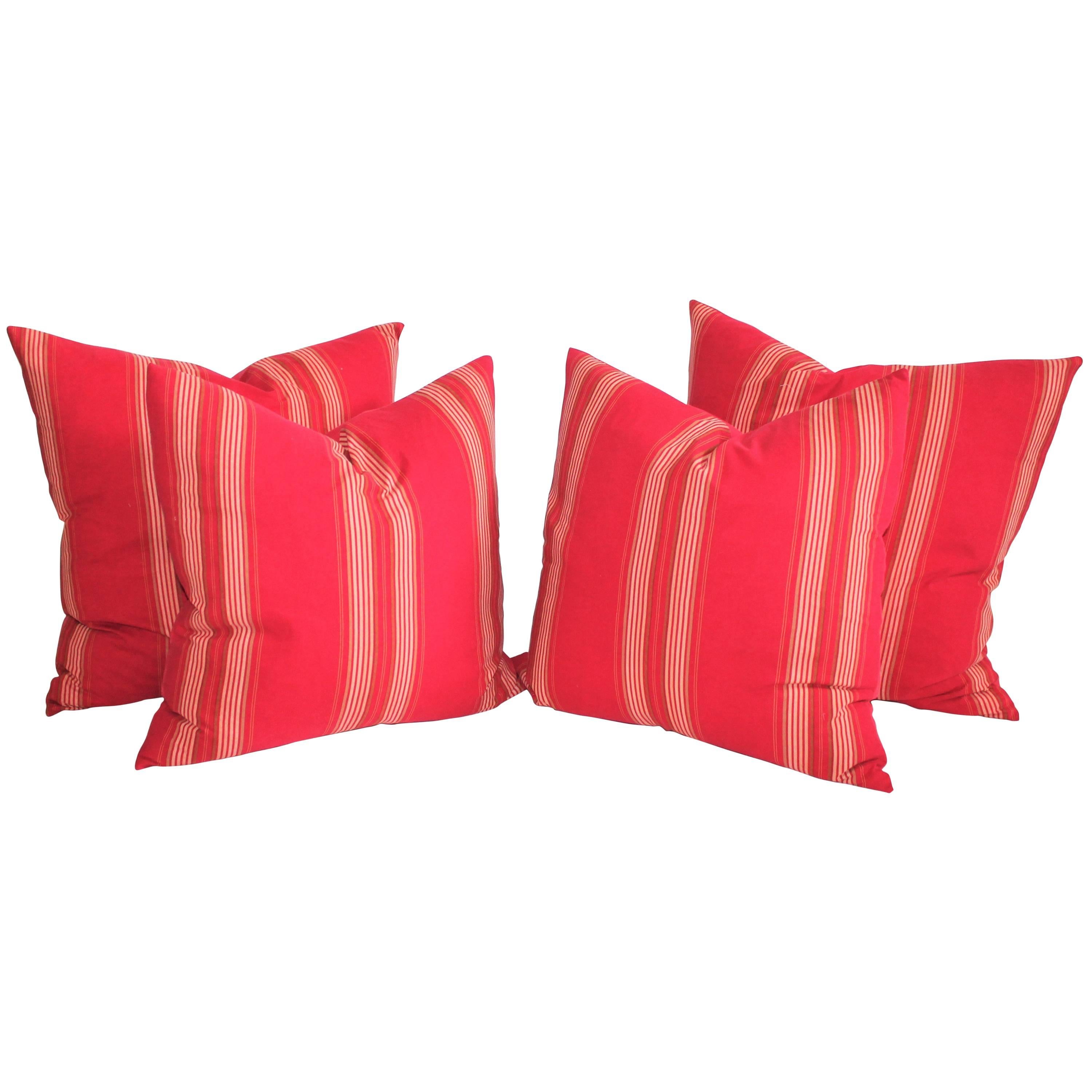 19th Century Red Stripped Ticking Pillows/Pair For Sale