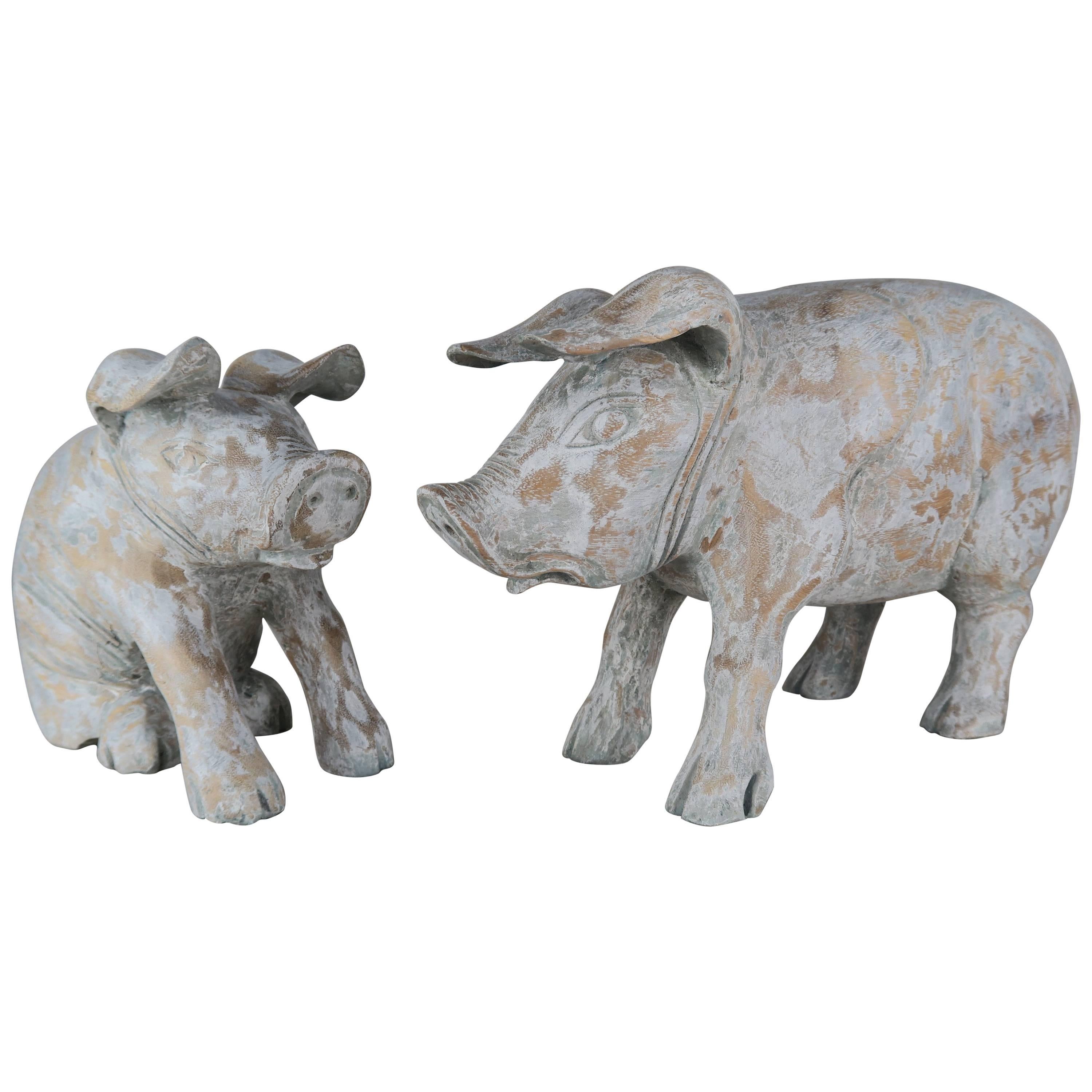 Pair of Wood Carved Painted Pigs