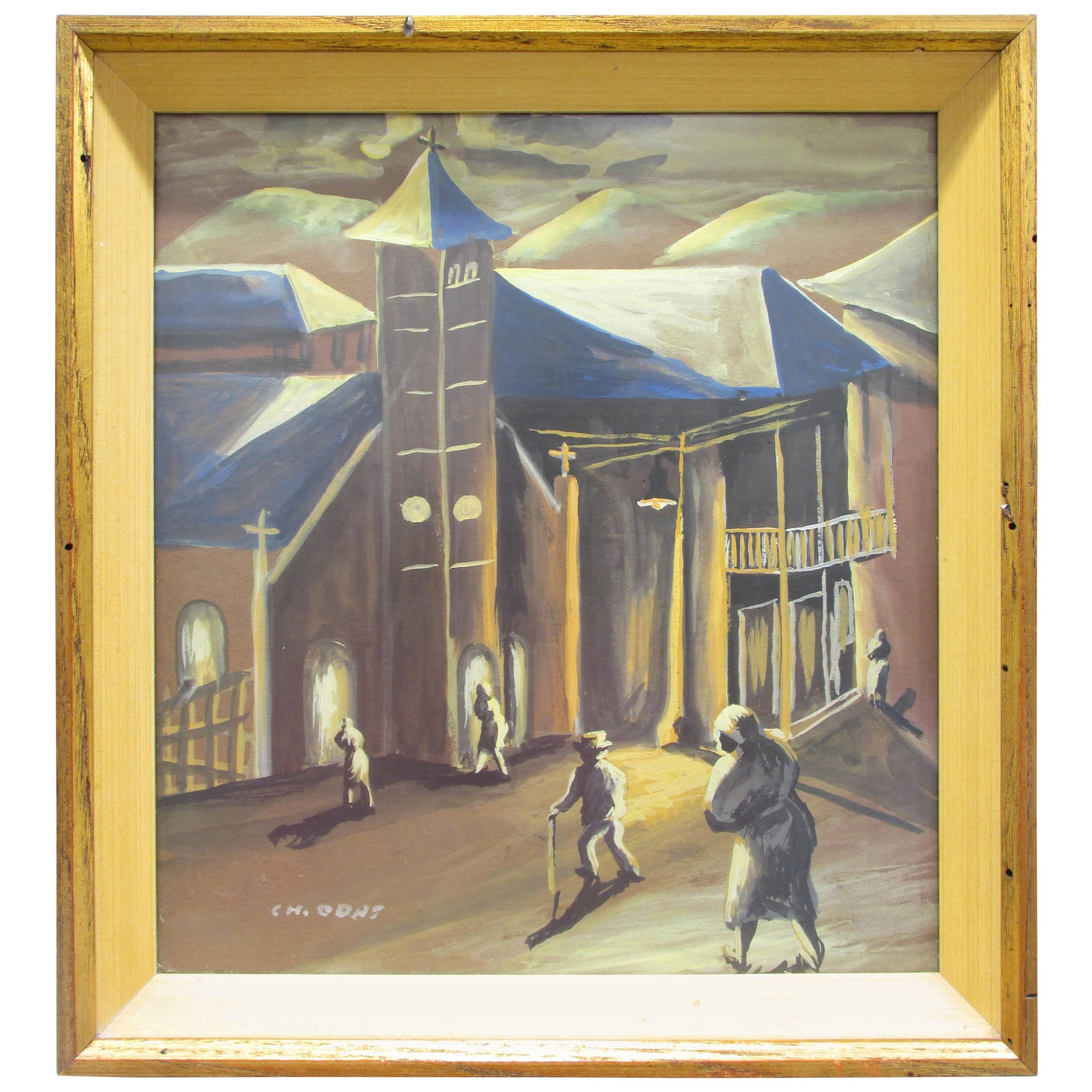 Village Church Painting by Charles Odat For Sale