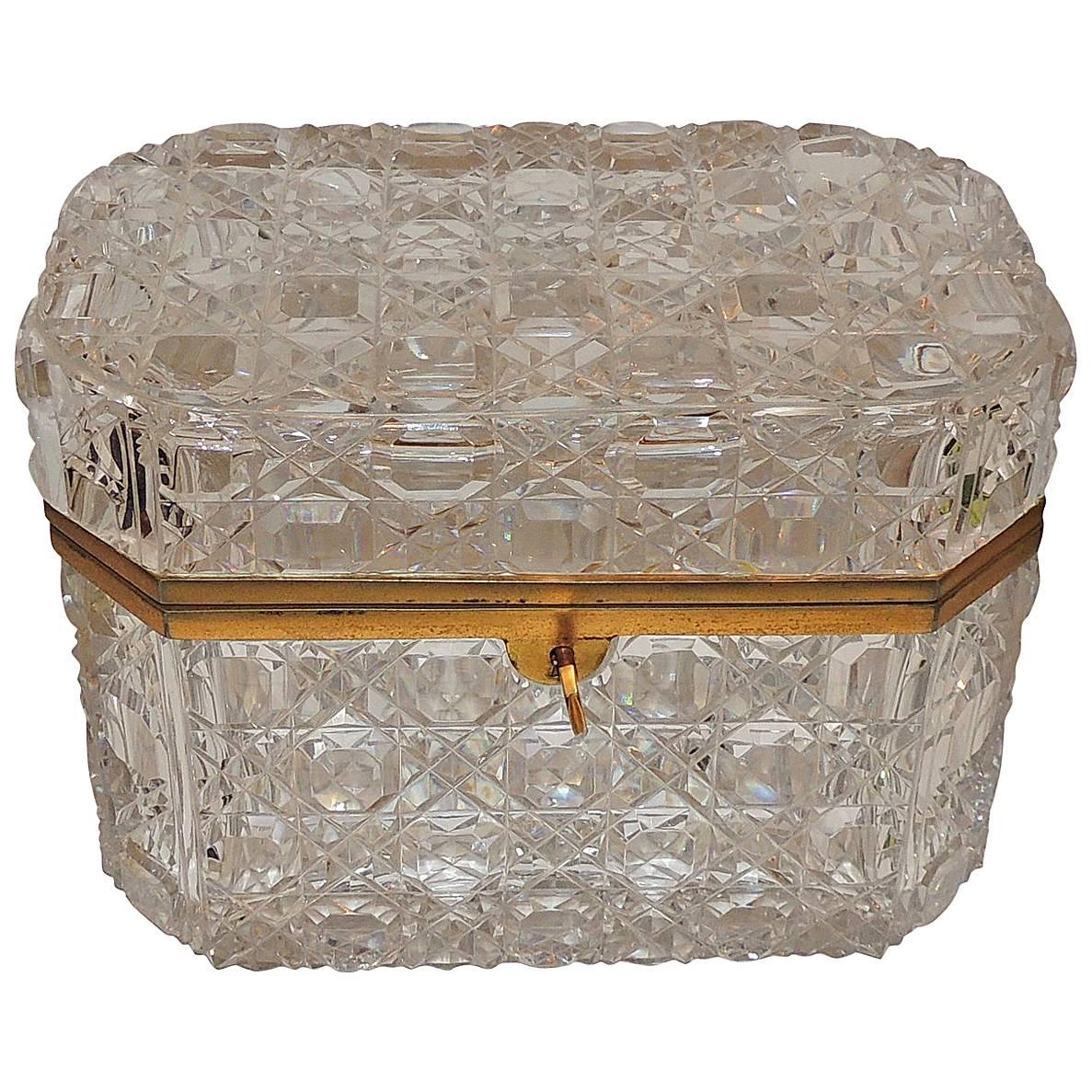 Wonderful Large French Baccarat Bronze Hexagon Cut Crystal Casket Jewelry Box