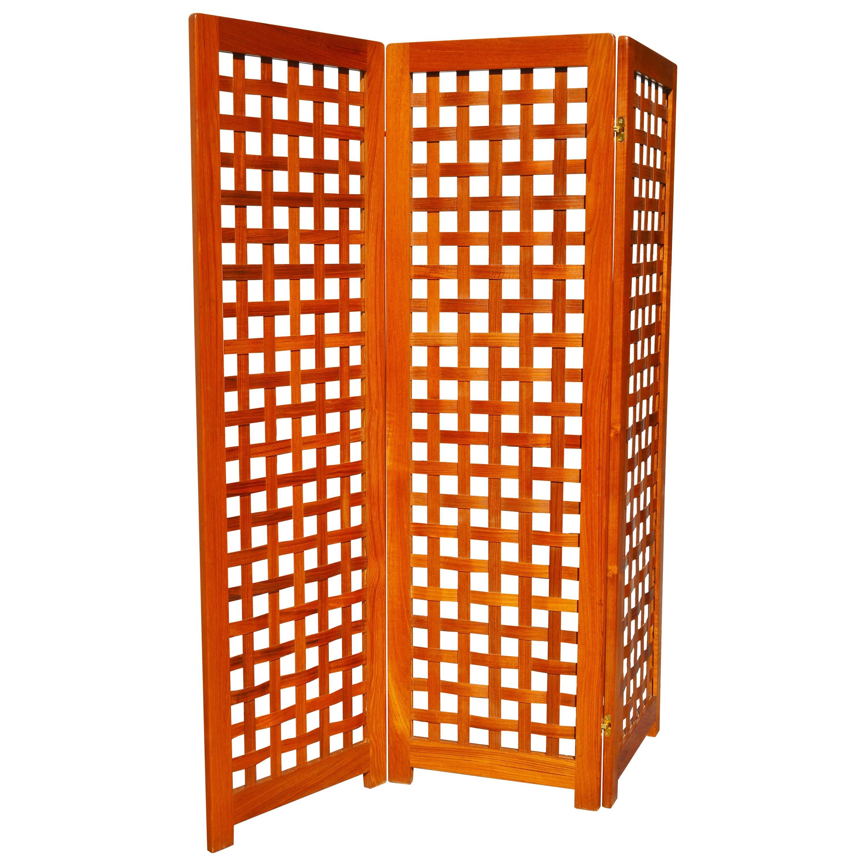 Danish Modern Teak Tri-Fold Screen or Room Divider with Basket Weave Design