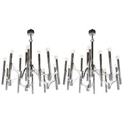Pair of Sciolari Large Fifteen-Light Chrome and White Panel Italian Chandeliers