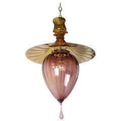 Venini Purple and Amber Gold 1930s Lantern Pendant