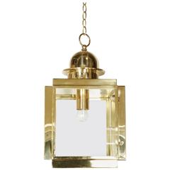 Italian 1950s Large Brass Pendant Lantern with Glass Panels