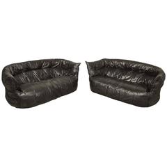 Pair of Black Leather Soft Shell Sofas, by Michel Ducaroy for Ligne Roset