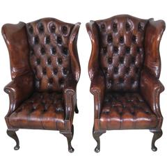 Antique Pair of English 1900s Wing Back Leather Tufted Armchairs