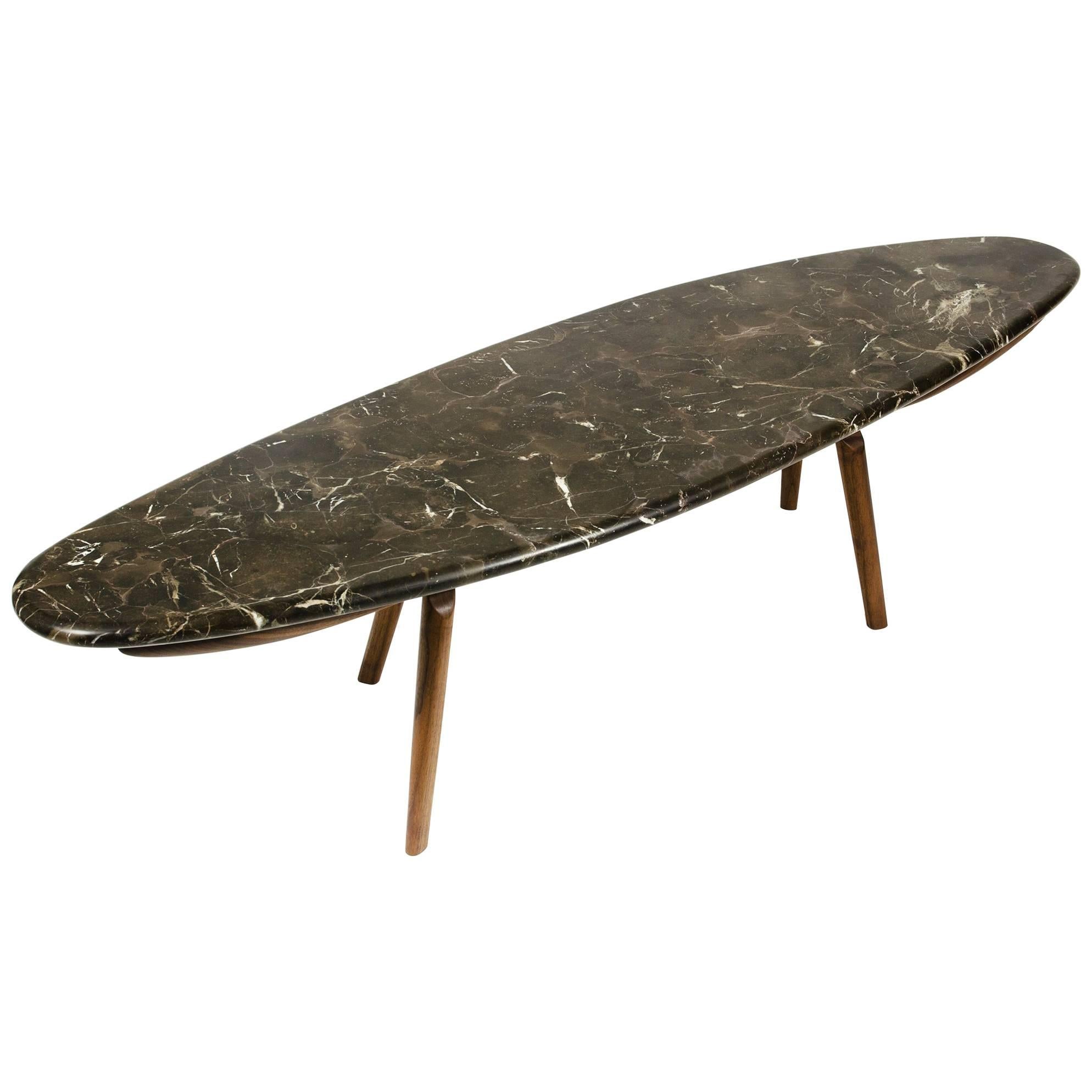 Contemporary Black Marble Stone and Walnut Wood Coffee Cocktail Table CBR Studio For Sale
