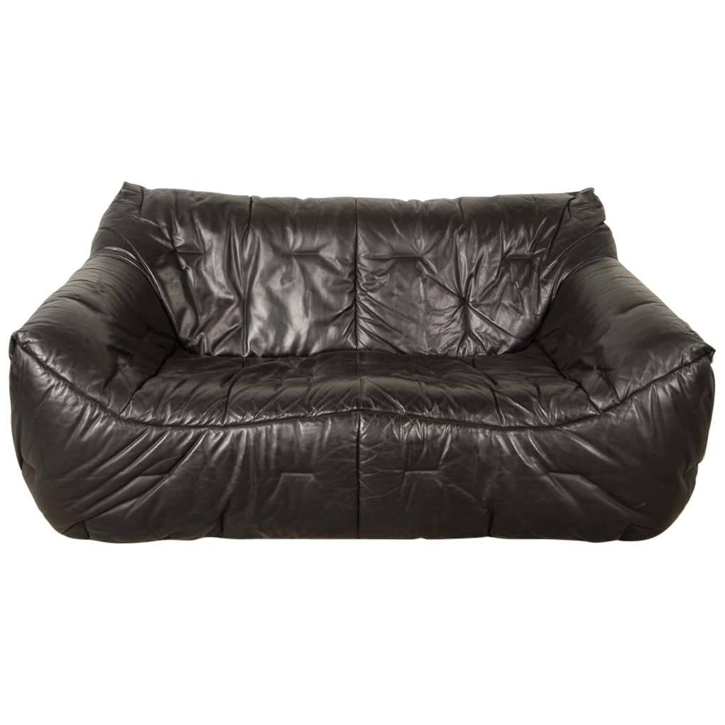Mid-Century Black Leather Soft Shell Sofa by Hans Hopfer for Roche Bobois