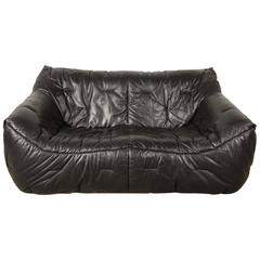 Mid-Century Black Leather Soft Shell Sofa by Hans Hopfer for Roche Bobois