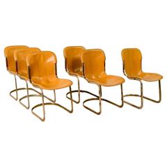 Mid-Century Brass Leather Dining Chairs by Willy Rizzo for Cidue