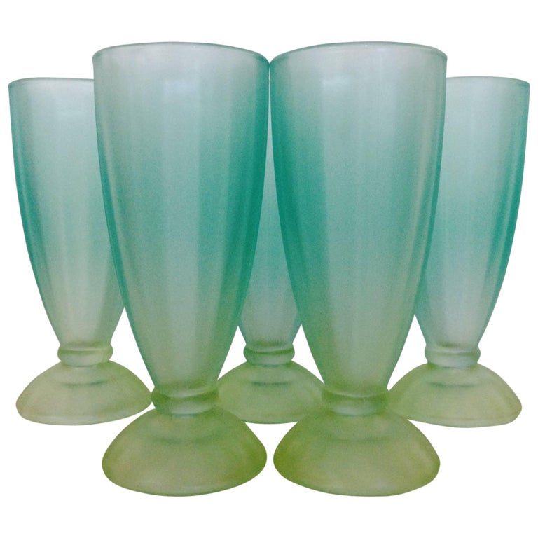Vintage Set Of Five Frosted Satin TwoTone Glass Footed Parfait Tumblers For Sale at 1stDibs