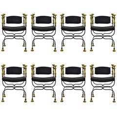 Set of Eight Wrought Iron and Gilt Brass 1970s Armchairs