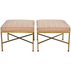 Pair of Paul McCobb Brass Ottomans with Original Fabric