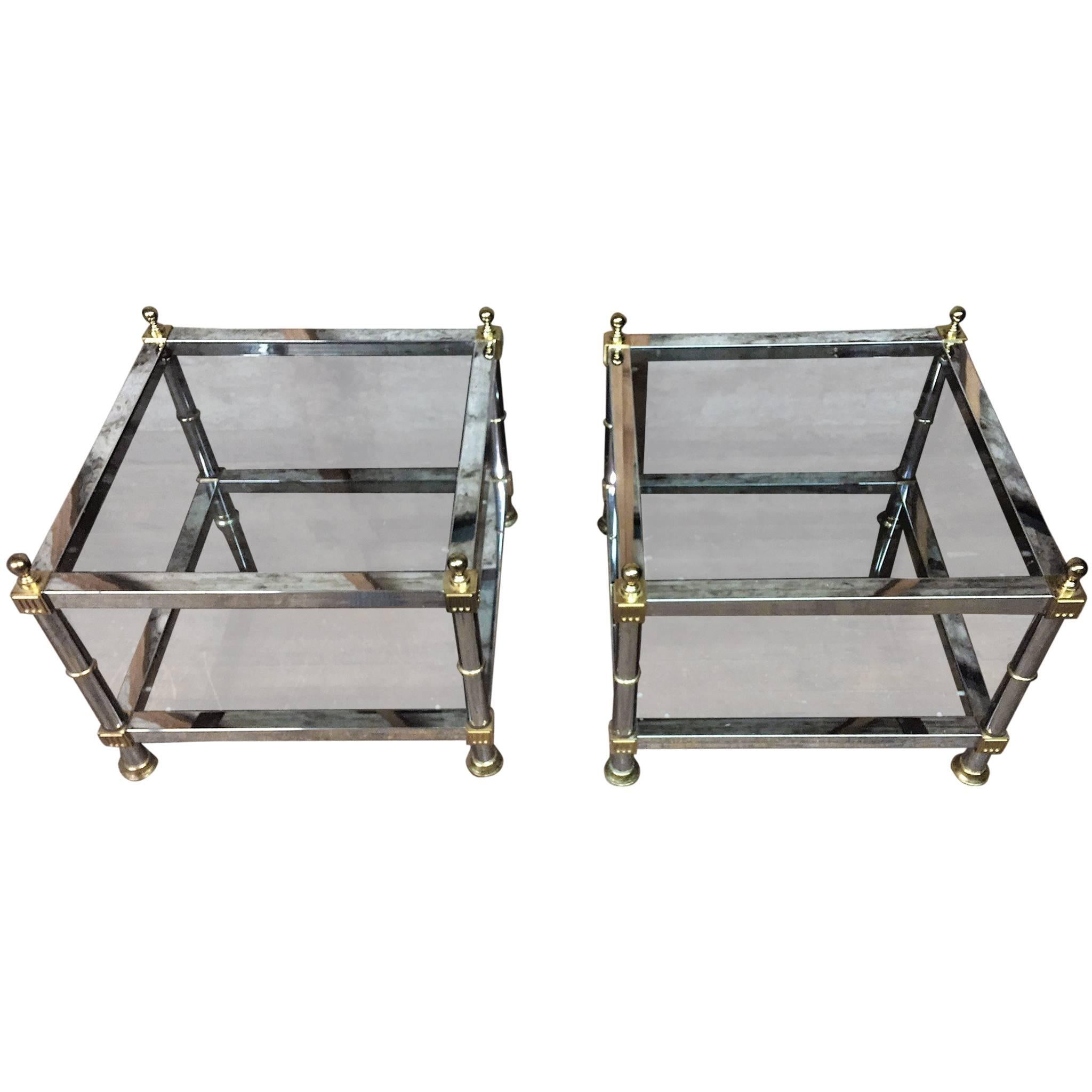 Beautiful Pair of Maison Jansen Style Chrome and Brass Double Tier Side Tables For Sale